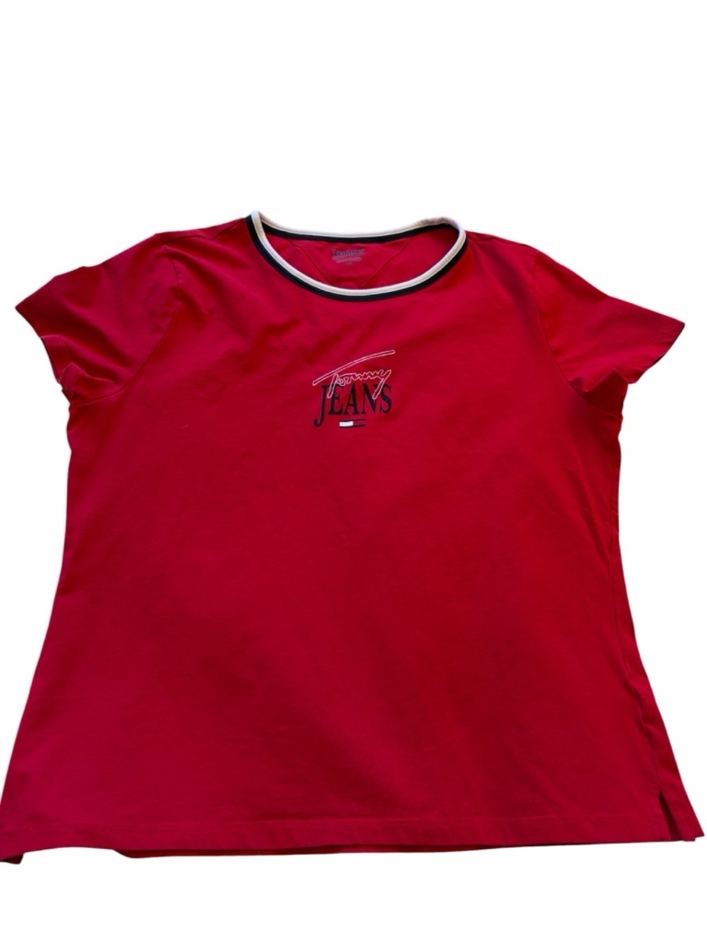 Tommy Jeans Red t-shirt- crew neck-white/navy trim-logo embroidered-Size Large